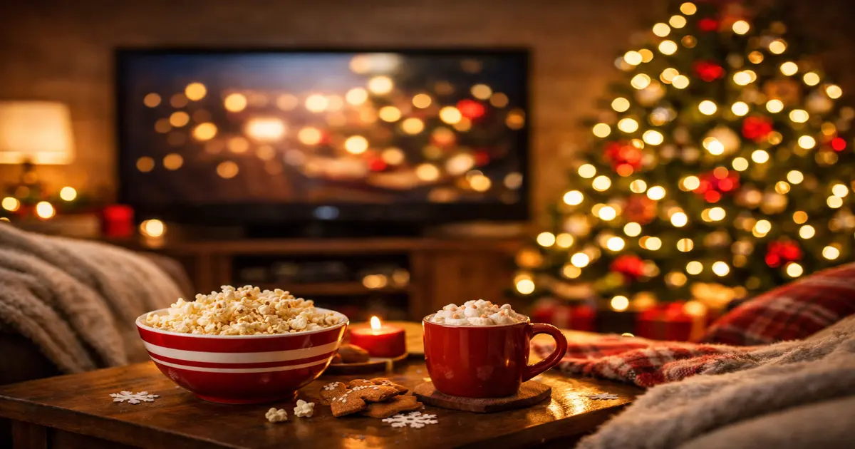 Cozy Christmas movie night with TV, lights, and popcorn