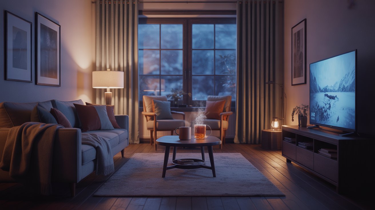 Blanket, mug of cocoa, and TV glow while icy weather rages outside